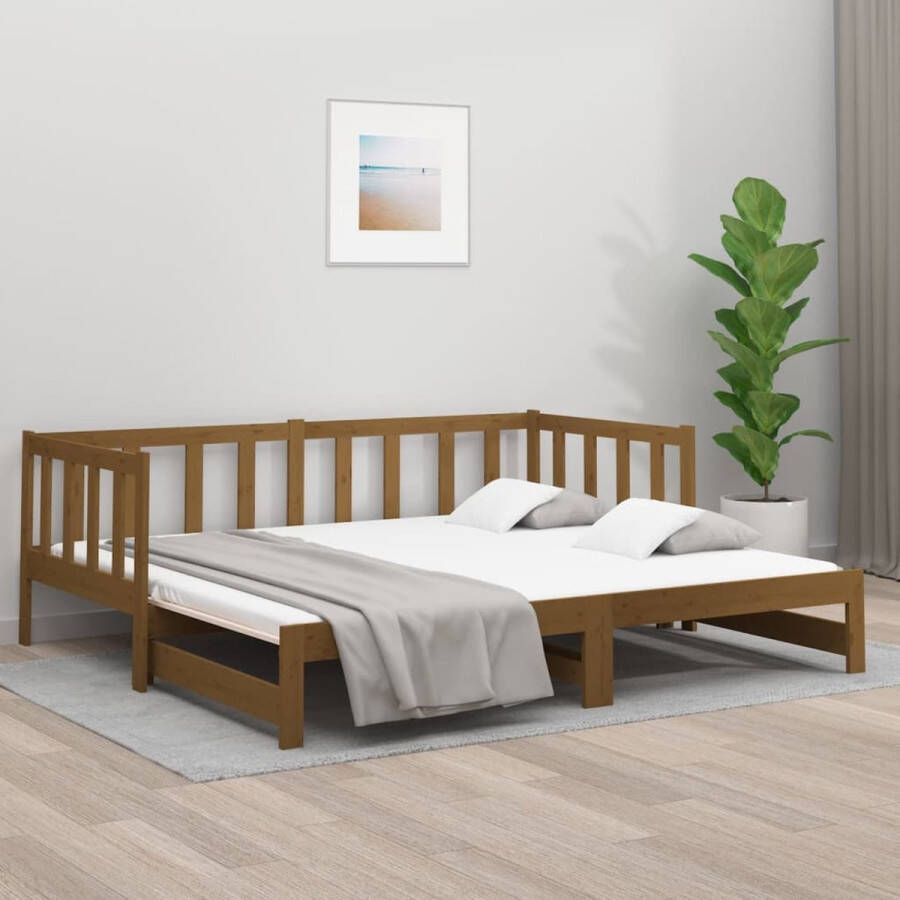 The Living Store Slaapbank uitschuifbaar 2x(80x200) cm grenenhout honingbruin Slaapbank Slaapbanken Bedbank Bed Bank Slaap Bank Houten Bedbank Houten Slaapbank Logeerbed Ligbed Bed Bedbanken Bed Banken