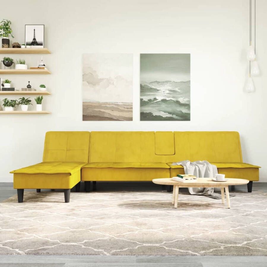 The Living Store L-vormige slaapbank geel fluweel inklapbare theetafel 255 x 140 x 70cm multifunctioneel stevig frame - Foto 2