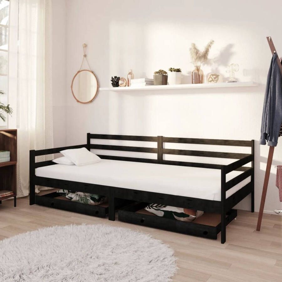 The Living Store Slaapbank met lades massief grenenhout zwart 90x200 cm Bedbank Bedbanken Bed Bank Bed Banken Slaapbank Slaapbanken Slaap Bank Slaap Banken Houten Bedbank Houten Bedbanken Houten Slaapbank