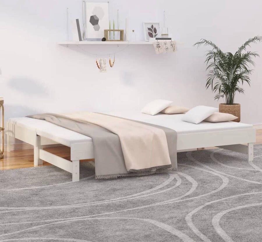 The Living Store Slaapbank Grenenhout Uitschuifbaar Gelat Ontwerp Eenvoudig gebruik Wit 202.5 x 199 cm Geschikt voor 100 x 200 cm matras Slaapbank Logeerbed Bankslaapzaak Grenenhouten Meubilair Witte Meubels