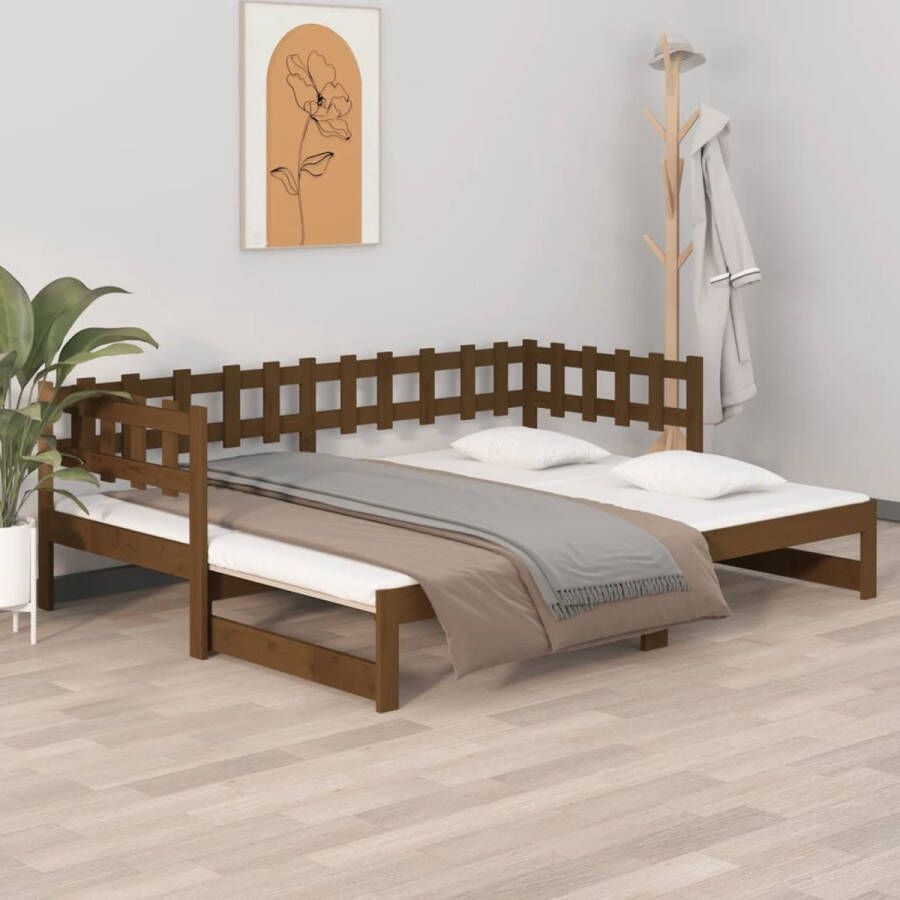 The Living Store Slaapbank uitschuifbaar grenenhout honingbruin 2x(90x190) cm Slaapbank Slaapbanken Bedbank Bed Bank Slaap Bank Houten Bedbank Houten Slaapbank Logeerbed Ligbed Bed Bedbanken Bed Banken