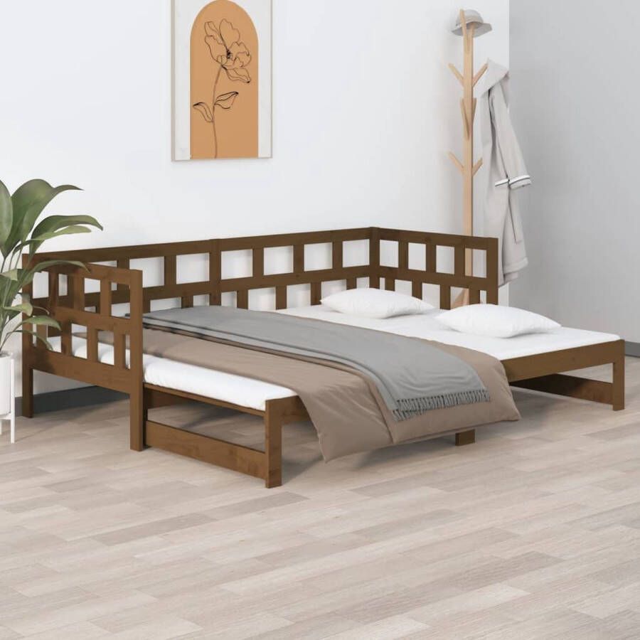 The Living Store Slaapbank uitschuifbaar grenenhout honingbruin 2x(90x190) cm Slaapbank Slaapbanken Bedbank Bed Bank Slaap Bank Houten Bedbank Houten Slaapbank Logeerbed Ligbed Bed Bedbanken Bed Banken