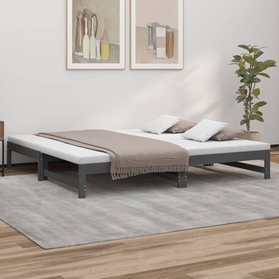 The Living Store Slaapbank uitschuifbaar massief grenenhout grijs 2x(100x200) cm Slaapbank Slaapbanken Bedbank Bed Bank Slaap Bank Houten Bedbank Houten Slaapbank Logeerbed Ligbed Bed Bedbanken Bed Banken