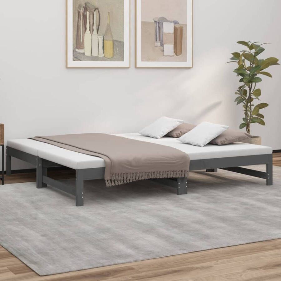 The Living Store Slaapbank uitschuifbaar massief grenenhout grijs 2x(75x190) cm Slaapbank Slaapbanken Bedbank Bed Bank Slaap Bank Houten Bedbank Houten Slaapbank Logeerbed Ligbed Bed Bedbanken Bed Banken