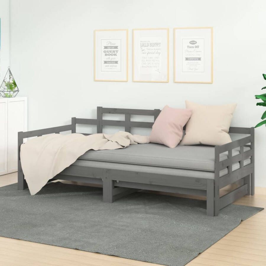 The Living Store Slaapbank uitschuifbaar massief grenenhout grijs 2x(80x200) cm Slaapbank Slaapbanken Bedbank Bed Bedframe Houten Bedframe Bedbodem Slaapmeubel Ledikant Bedbanken Bedden
