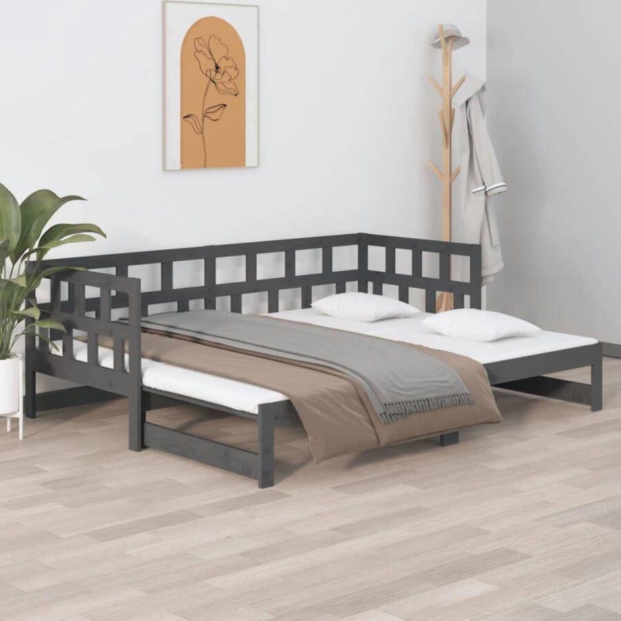 The Living Store Slaapbank uitschuifbaar massief grenenhout grijs 2x(80x200) cm Slaapbank Slaapbanken Uitschuifbare Slaapbank Bedbank Bed Bedframe Houten Bedframe Bedbodem Slaapmeubel Ledikant Uitschuifbare Slaapbanken