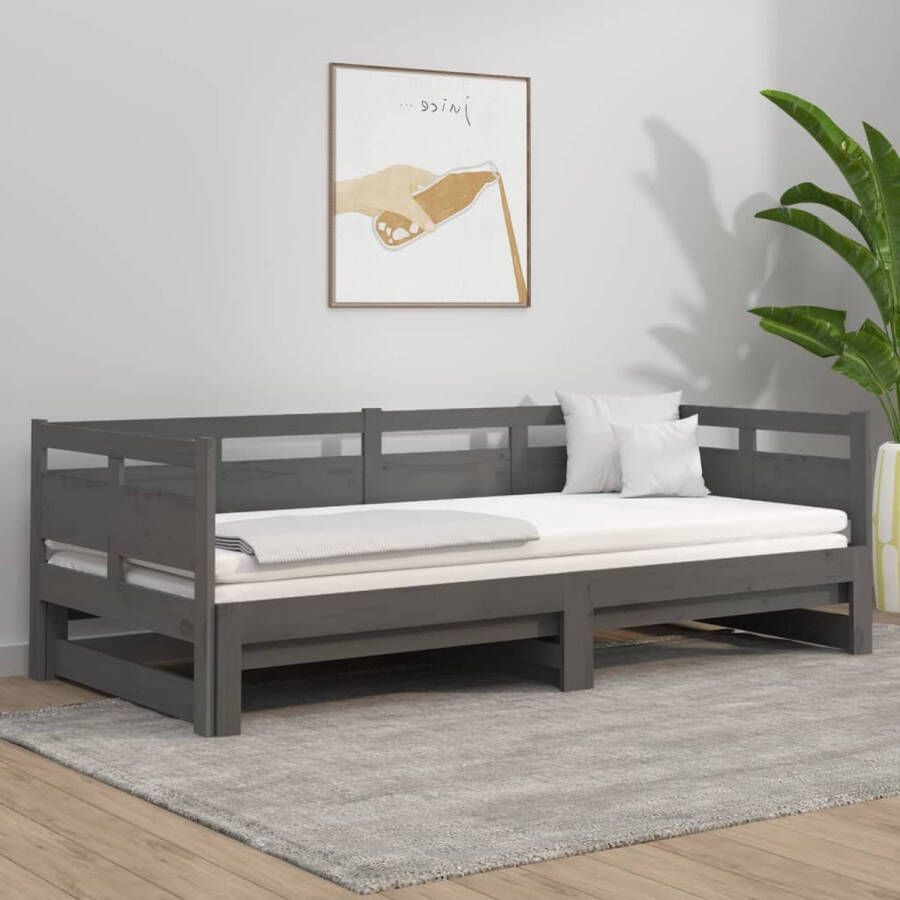 The Living Store Slaapbank uitschuifbaar massief grenenhout grijs 2x(90x190) cm Bed