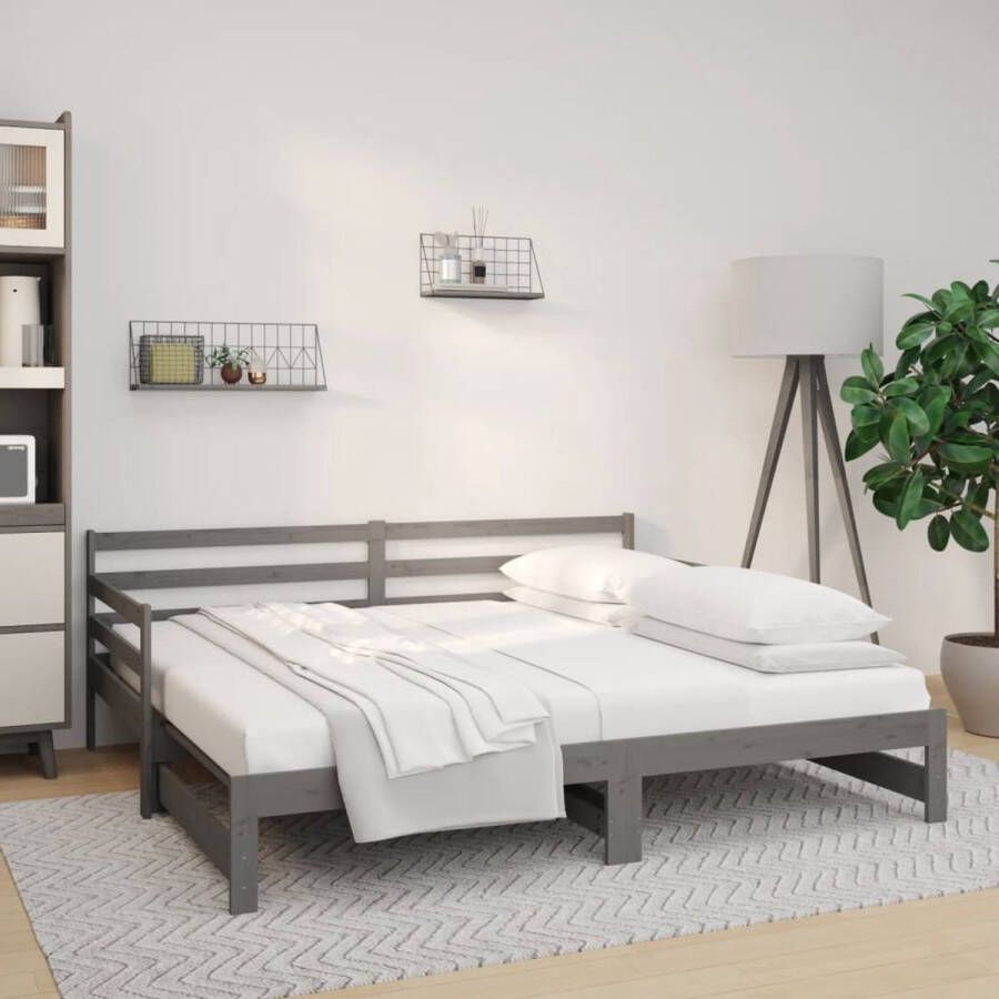 The Living Store Slaapbank uitschuifbaar massief grenenhout grijs 2x(90x190) cm Slaapbank Slaapbanken Bedbank Bed Bank Slaap Bank Houten Bedbank Houten Slaapbank Logeerbed Ligbed Bed Bedbanken Bed Banken