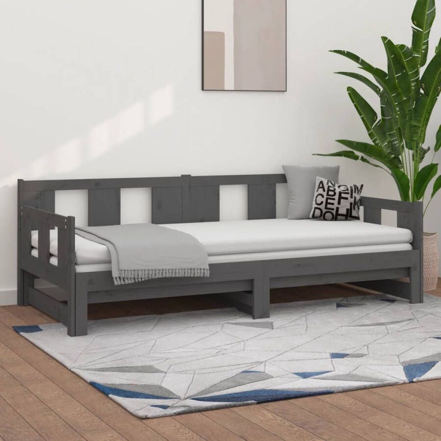 The Living Store Slaapbank uitschuifbaar massief grenenhout grijs 2x(90x190) cm Uitschuifbare Slaapbank Uitschuifbare Slaapbanken Bedbank Bed Bedframe Houten Bedframe Bedbodem Slaapmeubel Ledikant Bedbanken Bedden