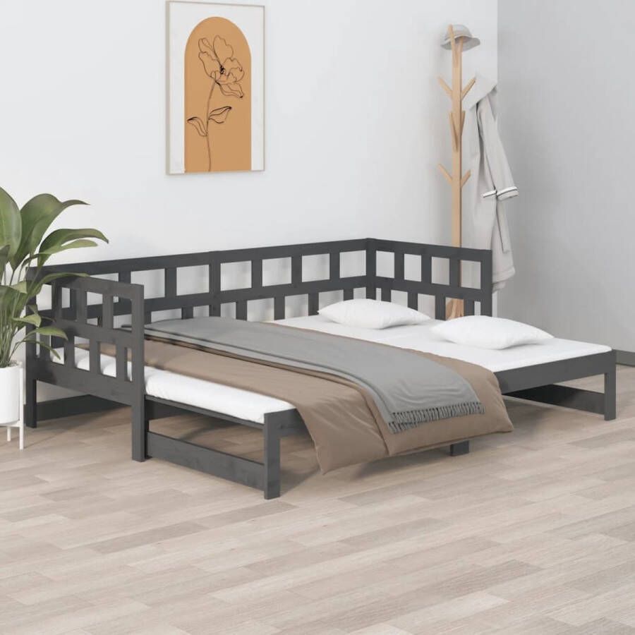 The Living Store Slaapbank uitschuifbaar massief grenenhout grijs 2x(90x200) cm Slaapbank Slaapbanken Bedbank Bed Bank Slaap Bank Houten Bedbank Houten Slaapbank Logeerbed Ligbed Bed Bedbanken Bed Banken