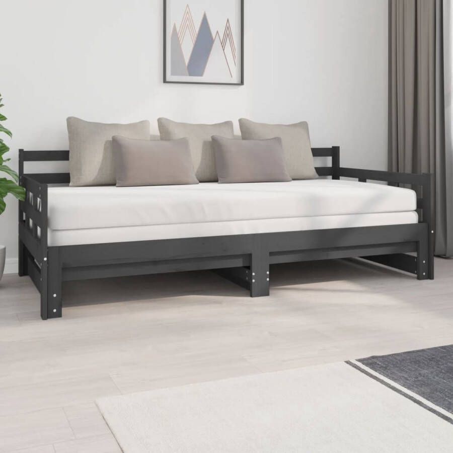 The Living Store Slaapbank uitschuifbaar massief grenenhout grijs 2x(90x200) cm Uitschuifbare Slaapbank Uitschuifbare Slaapbanken Bedbank Bed Bedframe Houten Bedframe Bedbodem Slaapmeubel Ledikant Bedbanken Bedden