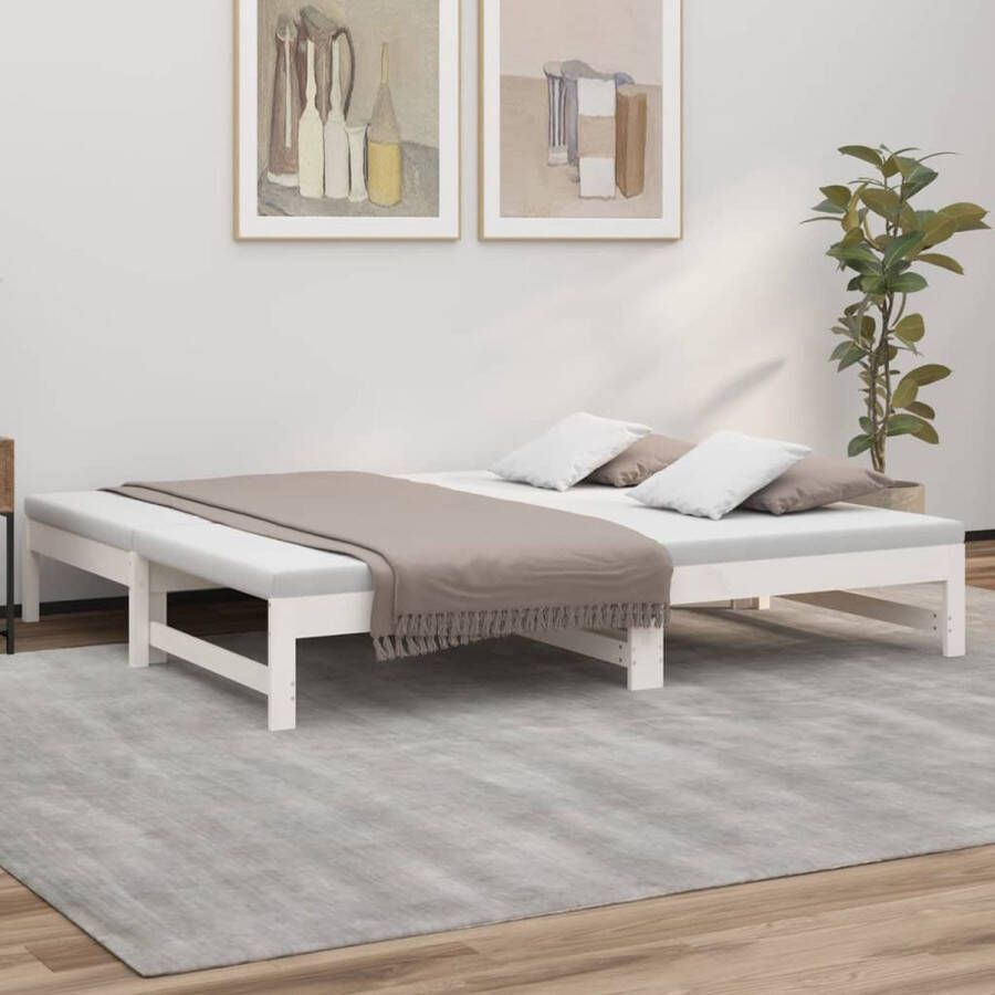 The Living Store Slaapbank uitschuifbaar massief grenenhout wit 2x(75x190) cm Slaapbank Slaapbanken Bedbank Bed Bank Slaap Bank Houten Bedbank Houten Slaapbank Logeerbed Ligbed Bed Bedbanken Bed Banken