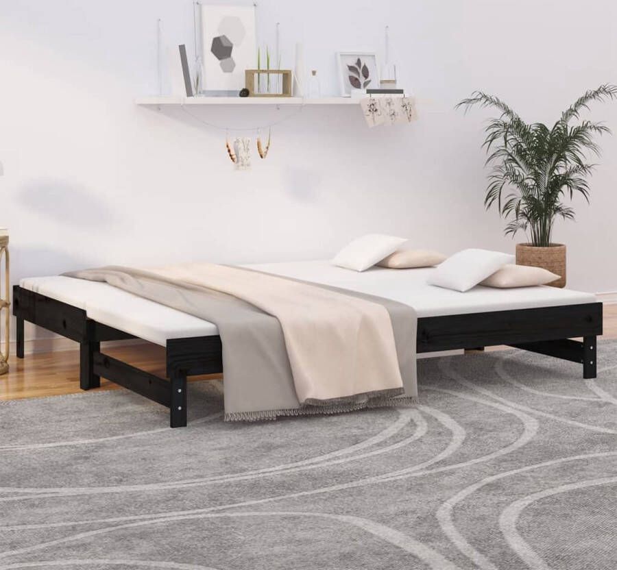 The Living Store Slaapbank uitschuifbaar massief grenenhout zwart 2x(100x200) cm Slaapbank Slaapbanken Bedbank Bed Bank Slaap Bank Houten Bedbank Houten Slaapbank Logeerbed Ligbed Bed Bedbanken Bed Banken