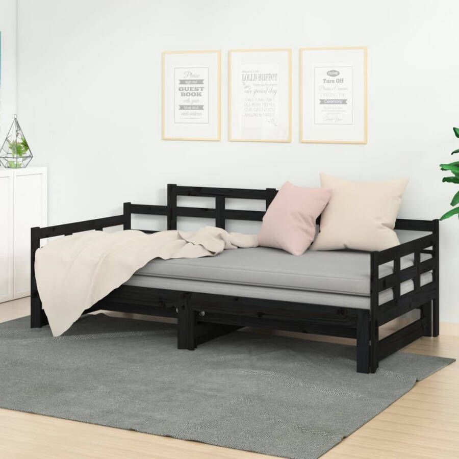 The Living Store Slaapbank uitschuifbaar massief grenenhout zwart 2x(90x190) cm Slaapbank Slaapbanken Bedbank Bed Bedframe Houten Bedframe Bedbodem Slaapmeubel Ledikant Bedbanken Bedden