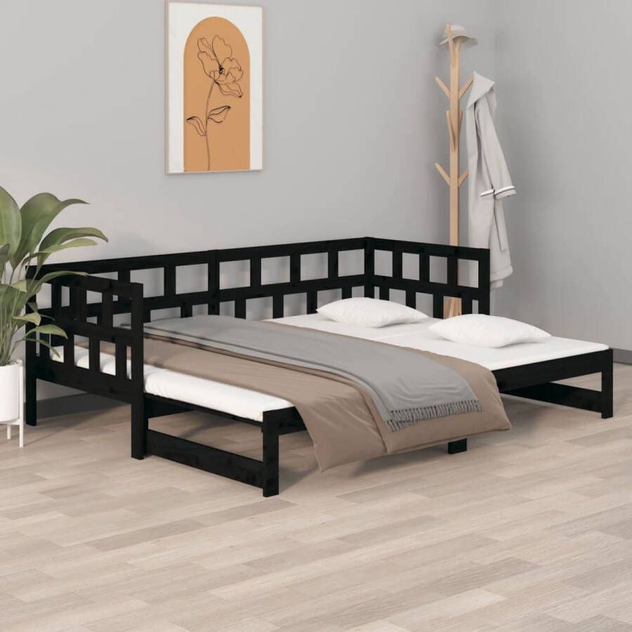 The Living Store Slaapbank uitschuifbaar massief grenenhout zwart 2x(90x190) cm Slaapbank Slaapbanken Bedbank Bed Bank Slaap Bank Houten Bedbank Houten Slaapbank Logeerbed Ligbed Bed Bedbanken Bed Banken