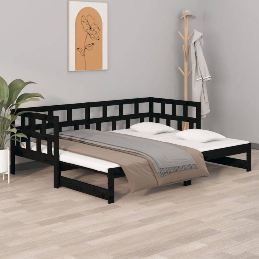 The Living Store Slaapbank uitschuifbaar massief grenenhout zwart 2x(90x200) cm Slaapbank Slaapbanken Bedbank Bed Bank Slaap Bank Houten Bedbank Houten Slaapbank Logeerbed Ligbed Bed Bedbanken Bed Banken