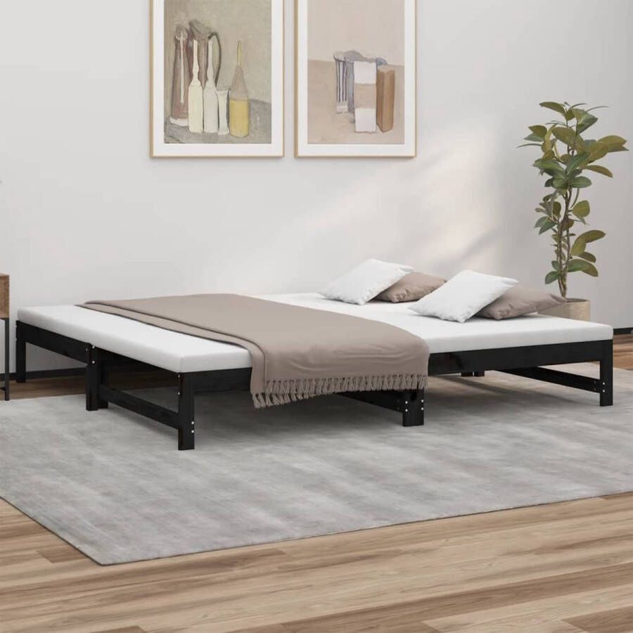 The Living Store Slaapbank uitschuifbaar massief grenenhout zwart 2x(90x200) cm Slaapbank Slaapbanken Bedbank Bed Bank Slaap Bank Houten Bedbank Houten Slaapbank Logeerbed Ligbed Bed Bedbanken Bed Banken