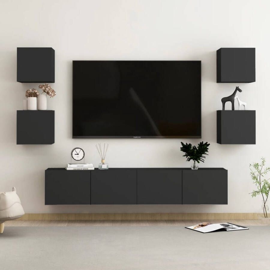 The Living Store TV-meubel Stevig ontwerp Wandmontage Meerdere vakken Eenvoudig te onderhouden Zwart Spaanplaat Afmetingen (L)- 80 x 30 x 30 cm Afmetingen (S)- 30.5 x 30 x 30 cm 2x tv-meubel (L) 4x tv-meubel (S) - Foto 2