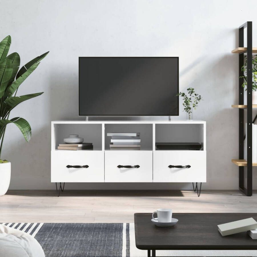 The Living Store Televisiekast Trendy Hoogglans wit 102 x 36 x 50 cm 3 vakken en 3 lades Bewerkt hout en ijzer - Foto 2