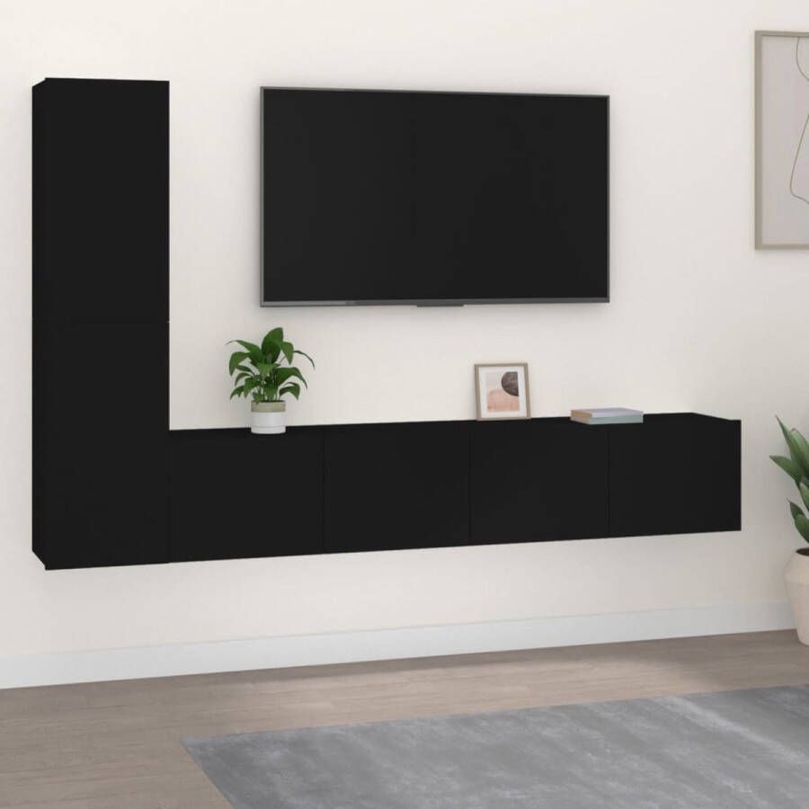 The Living Store TV-meubelset Zwarte bewerkte houten televisiemeubels 80 x 30 x 30 cm en 30.5 x 30 x 60 cm Opbergruimte - Foto 2