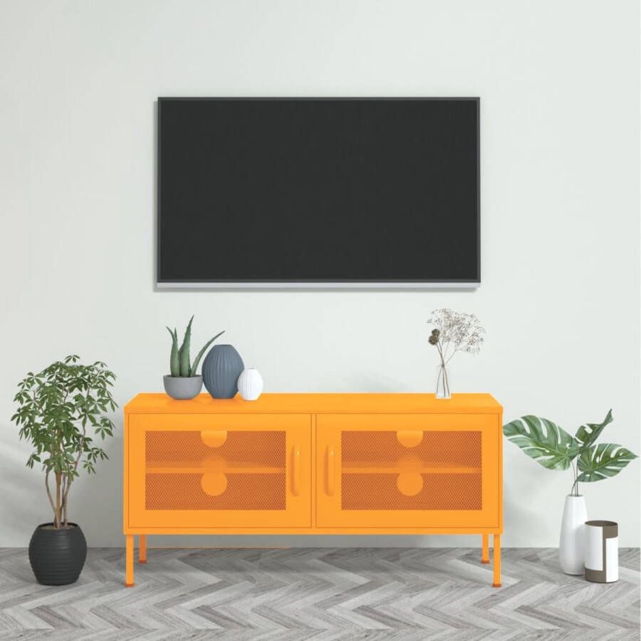 The Living Store Televisiemeubel Serie Tv-meubel 105x35x50 cm Kleur- mosterdgeel Materiaal- staal Met gaasdeuren Met nivelleerders - Foto 2