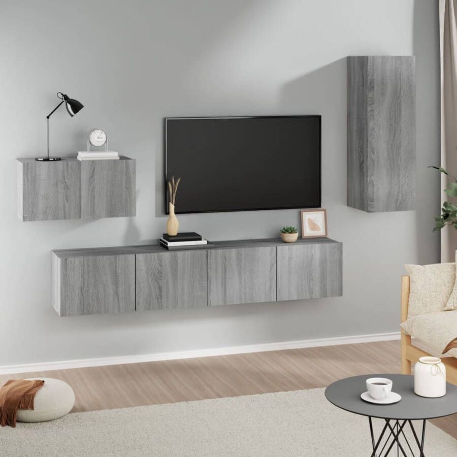 The Living Store Televisiemeubel Set Klassiek Grijs Sonoma Eiken 2x 80x30x30cm 1x 60x30x30cm 1x 30.5x30x90cm - Foto 2