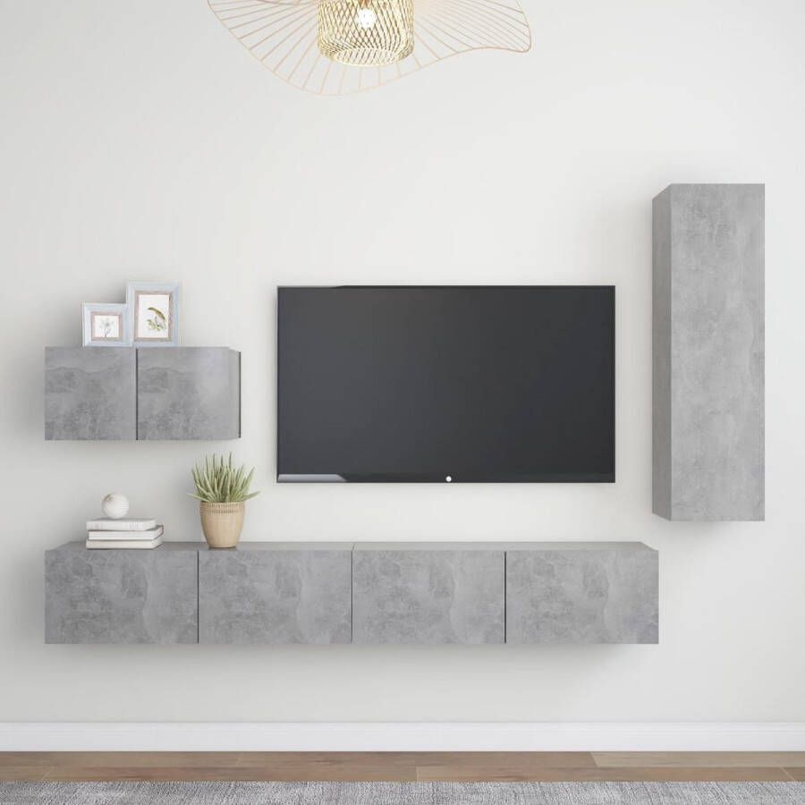 The Living Store Televisiemeubelset Betongrijs Spaanplaat Montage vereist 1x 60x30x30 cm 1x 30.5x30x110 cm 2x 100x30x30 cm - Foto 2