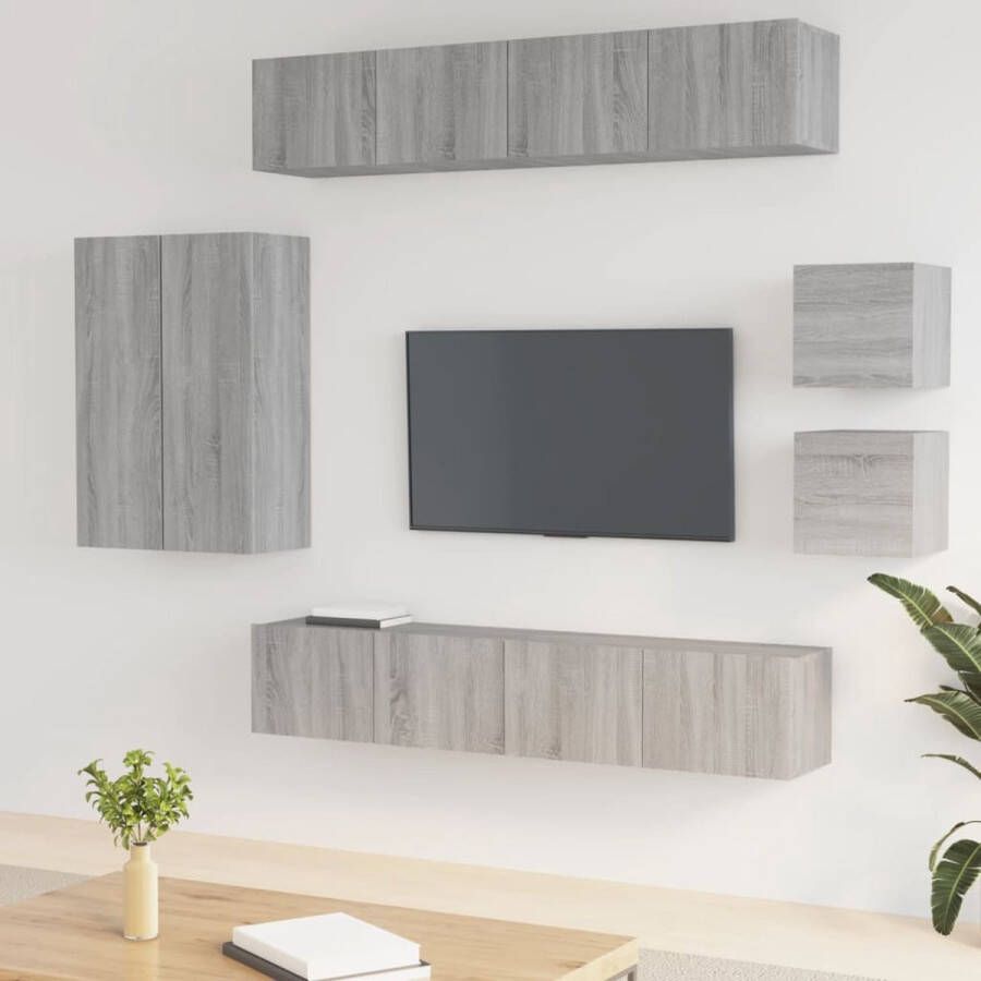 The Living Store Televisiemeubelset Grijs Sonoma Eiken 4x80x30x30cm 2x30.5x30x90cm 2x30.5x30x30cm Televisiesecretaris Salontafel Houten Kast Wandmontage Grijze Eik - Foto 3