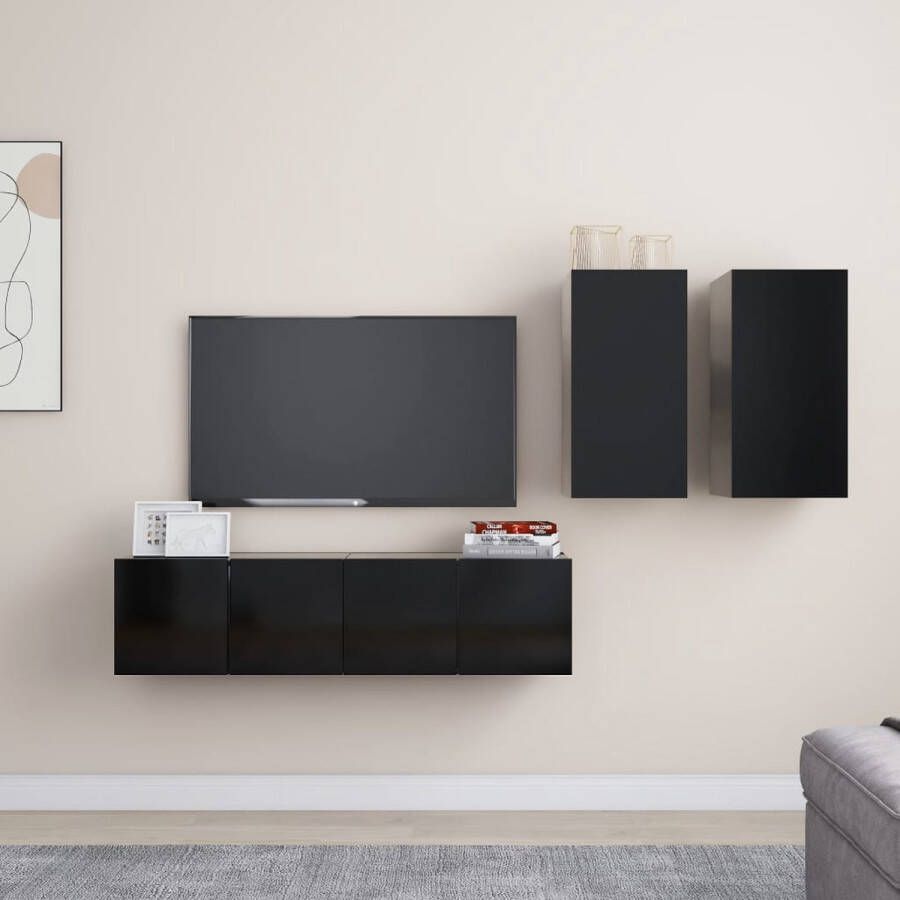 The Living Store televisiemeubelset zwart spaanplaat 2x 60x30x30 cm 2x 30.5x30x60 cm wandmontage - Foto 2