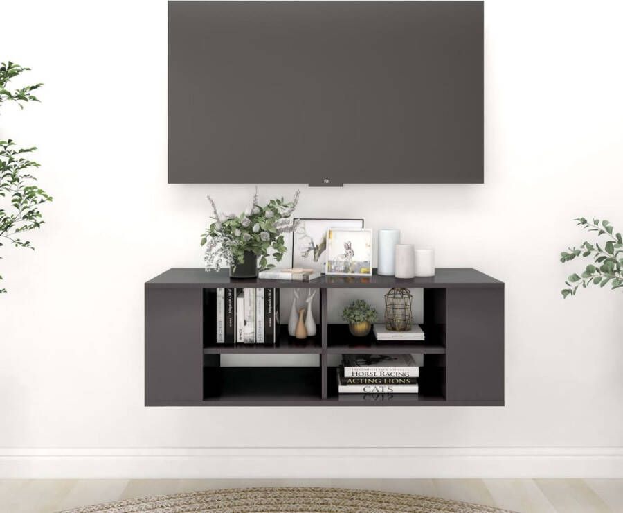 The Living Store Televisiewandmeubel Hangend Verstelbare schappen 2-laagse kast Hoogglans grijs 102x35x35cm - Foto 2