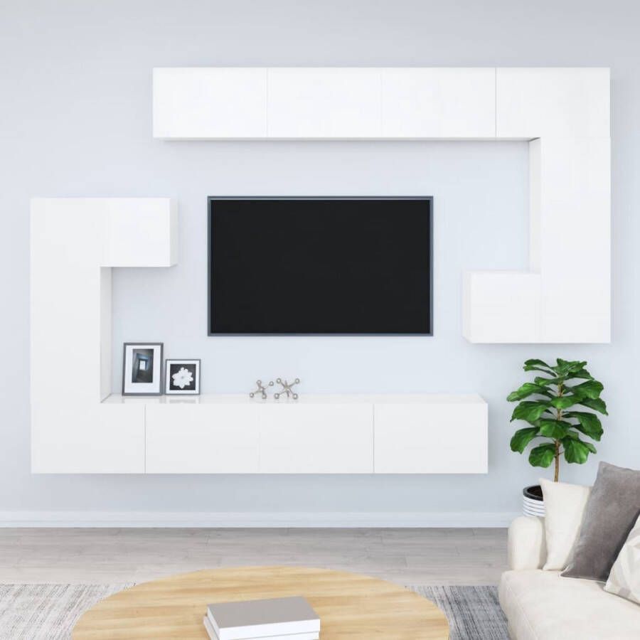 The Living Store Televisiewandmeubel Hangende TV-kast Set van 8 Hoogglans wit Bewerkt hout 30.5 x 30 90 100 cm Duurzaam en decoratief - Foto 2