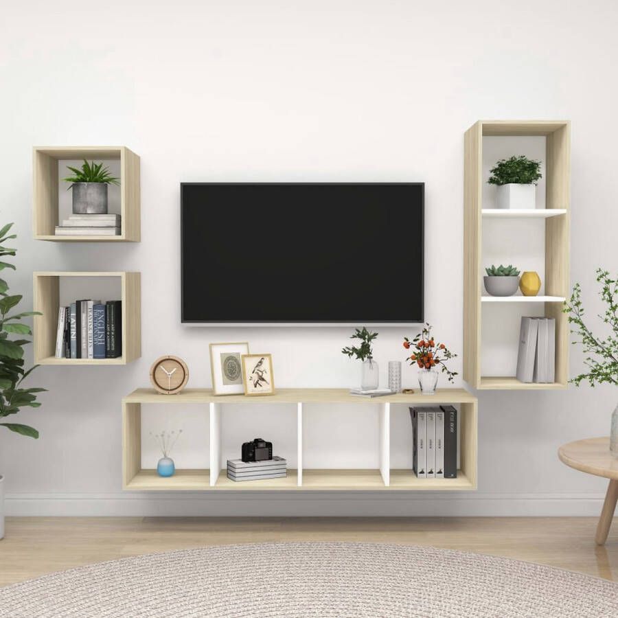 The Living Store Televisiewandmeubel TV-meubelset 37 x 37 x 37 cm 37 x 37 x 107 cm 37 x 37 x 142.5 cm Wit en Sonoma eiken Spaanplaat - Foto 2