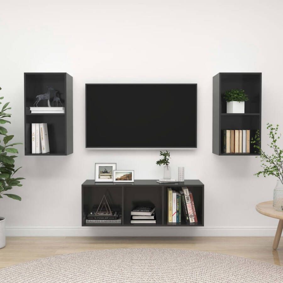 The Living Store Televisiewandmeubel Tv-meubelset Hoogglans grijs 2x tv-meubel- 37x37x72 cm 1x tv-meubel- 37x37x107 cm - Foto 2