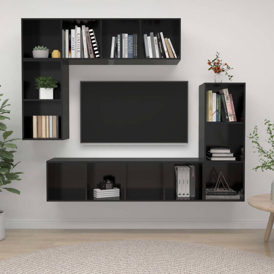 The Living Store Televisiewandmeubel Tv-meubelset Hoogglans zwart 37 x 37 x 72 107 142.5 cm Spaanplaat - Foto 2