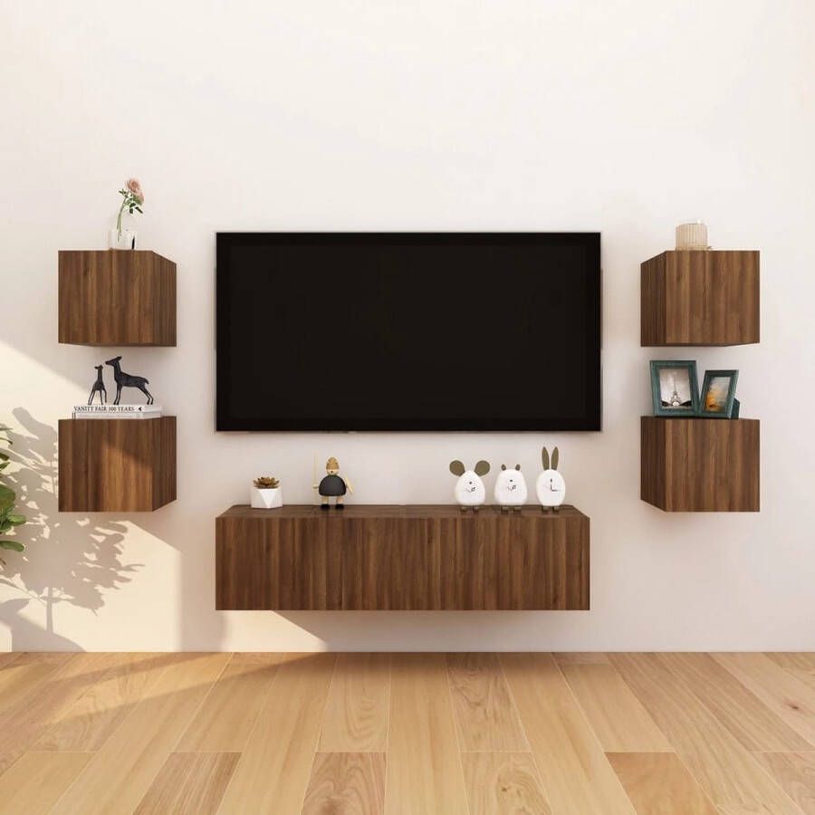 The Living Store Televisiewandmeubelen Bruineiken 30.5x30x30cm 4 vakken Televisiescherm Kastje Tv Meubel Houten Tv Kast Wandmontage Tv Bergruimte Tv - Foto 3