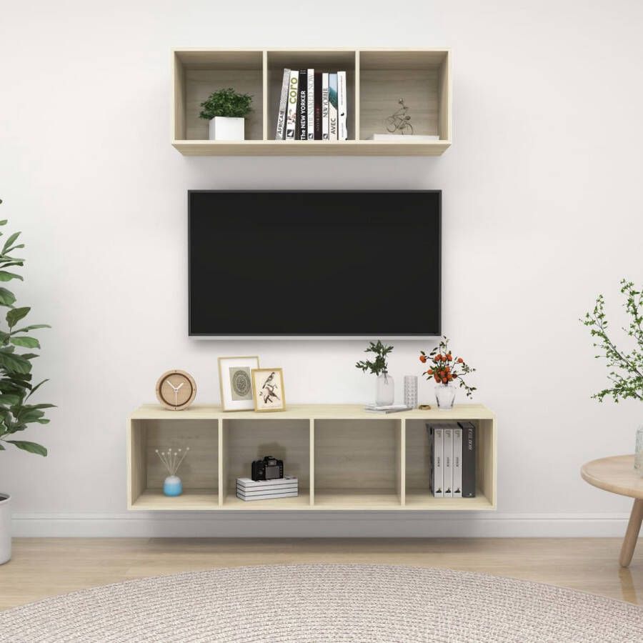 The Living Store TV-meubelset Wandmontage Sonoma Eiken Spaanplaat Inclusief 2x TV-meubel- 37x37x107cm 37x37x142.5cm - Foto 2