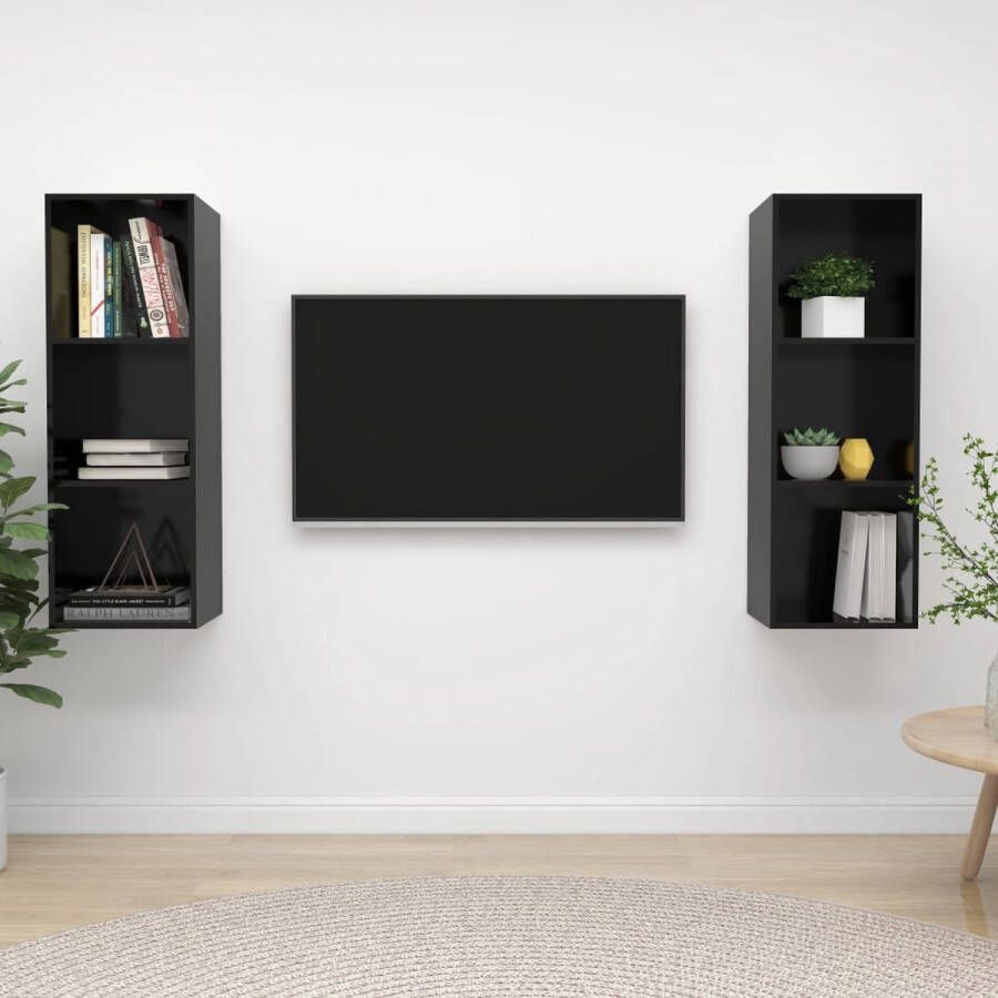 The Living Store Televisiewandmeubelset 37 x 37 x 107 cm Hoogglans zwart Spaanplaat Verstelbaar - Foto 2
