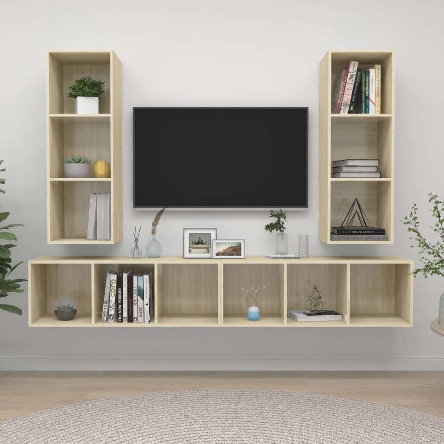 The Living Store Televisiewandmeubelset 37 x 37 x 107 cm Opbergruimte Sonoma eiken 4x tv-meubel - Foto 2