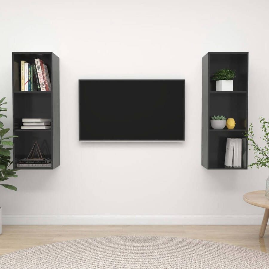 The Living Store Televisiewandmeubelset Hoogglans grijs 37 x 37 x 107 cm 2x tv-meubel - Foto 2