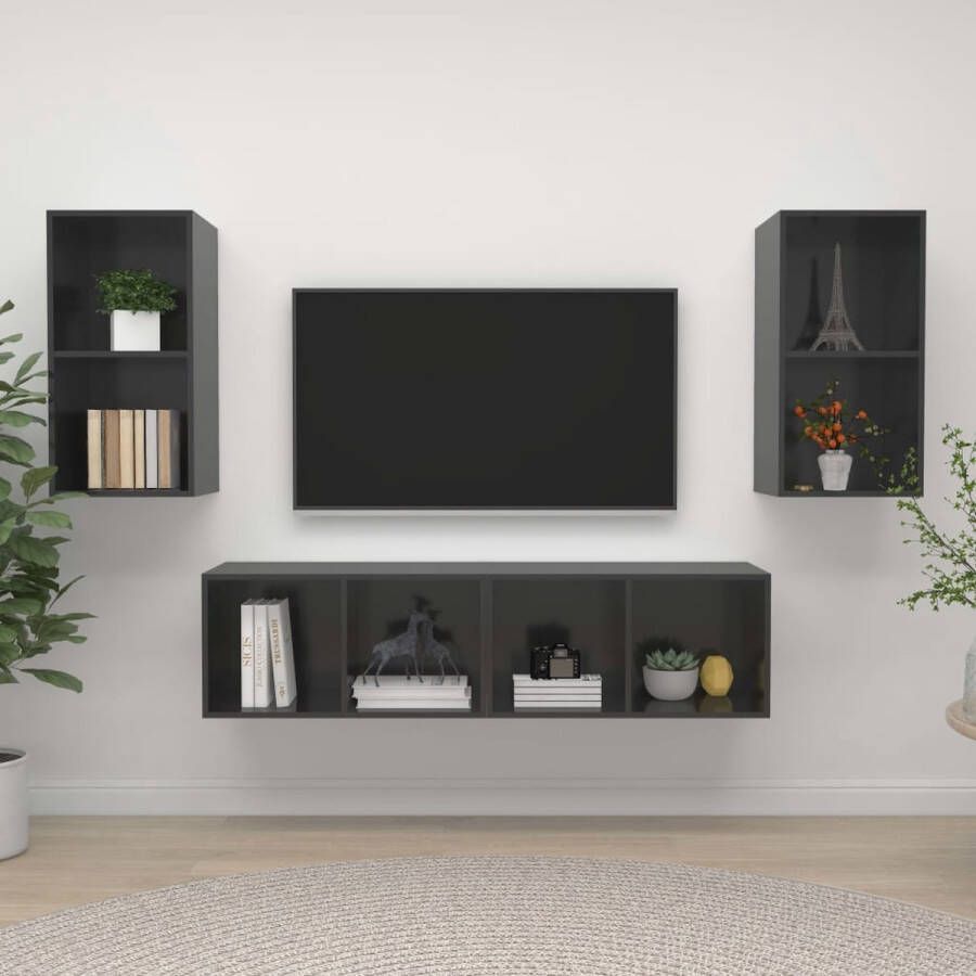 The Living Store Televisiewandmeubelset Hoogglans grijs 37 x 37 x 72 cm 4 x tv-meubel - Foto 2