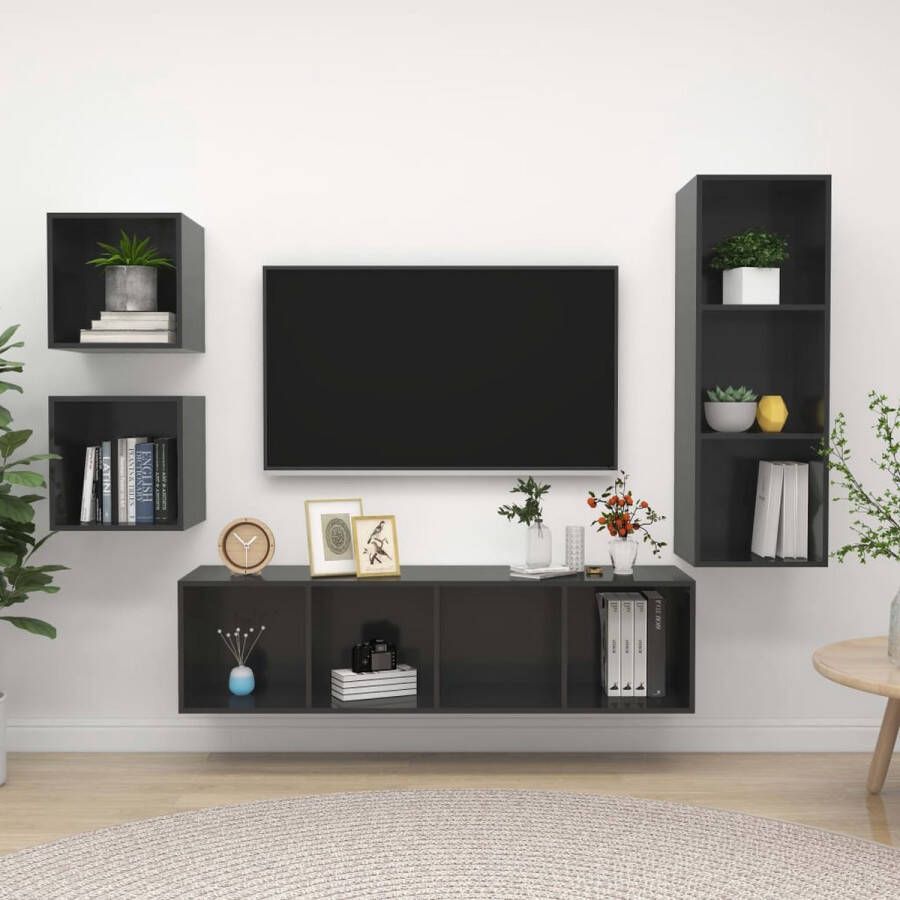 The Living Store Televisiewandmeubelset TV-meubels 37 x 37 x 37 cm + 37 x 37 x 107 cm + 37 x 37 x 142.5 cm Hoogglans grijs Spaanplaat - Foto 2