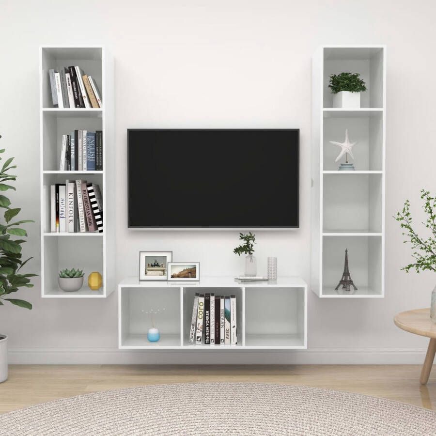 The Living Store Televisiewandmeubelset Hoogglans wit 1 tv-meubel- 37x37x107 cm 2 tv-meubels- 37x37x142.5 cm Spaanplaat - Foto 2