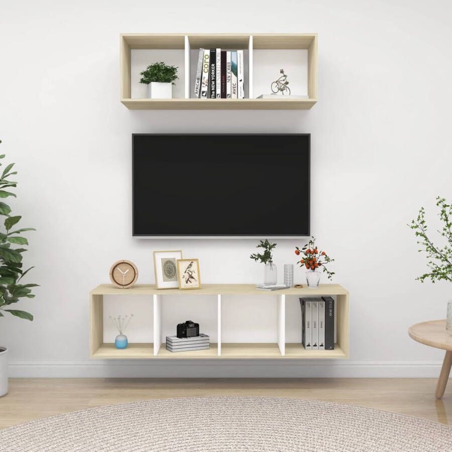 The Living Store Televisiewandmeubelset N v t TV-meubels 37 x 37 x 107 cm 37 x 37 x 142.5 cm Kleur- wit en sonoma eiken Materiaal- spaanplaat Montage vereist - Foto 2