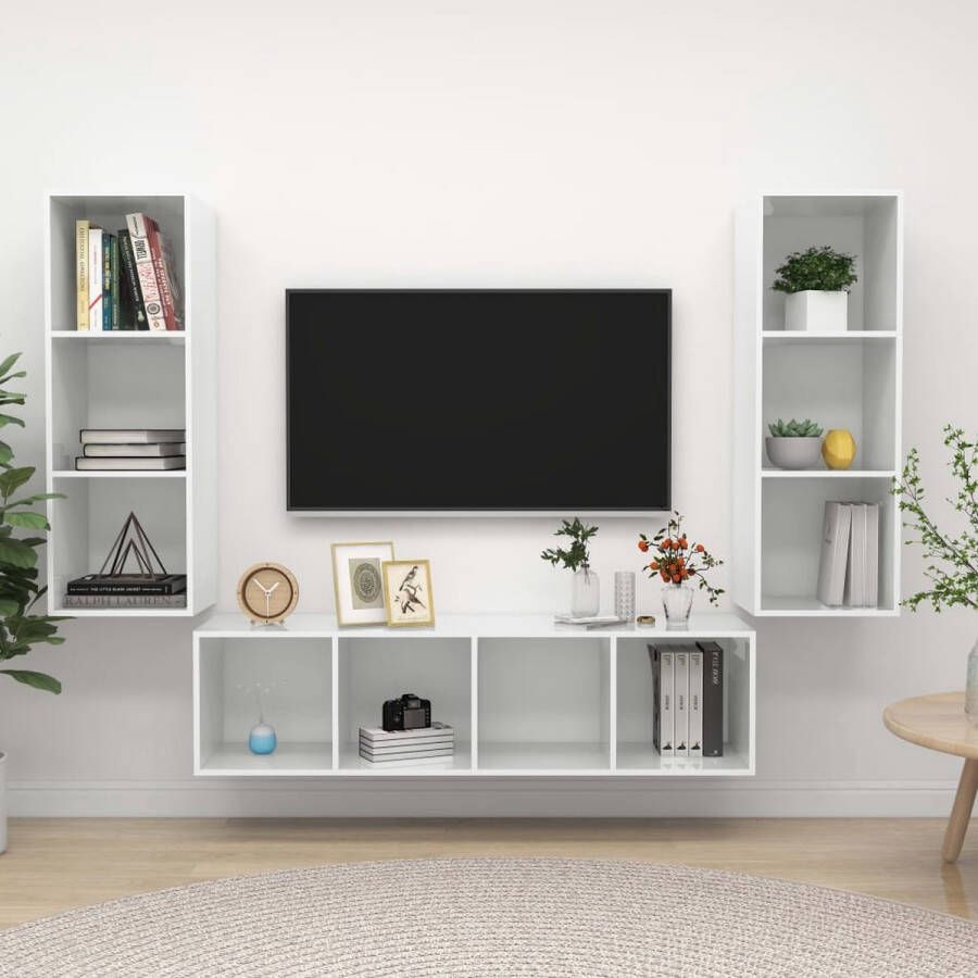 The Living Store Televisiewandmeubelset TV-meubel (37x37x142.5cm) + 2x tv-meubel (37x37x107cm) Hoogglans wit - Foto 2