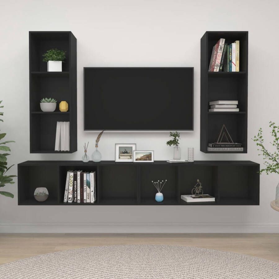 The Living Store Televisiewandmeubelset Zwart 37 x 37 x 107 cm 4x TV-meubel - Foto 2