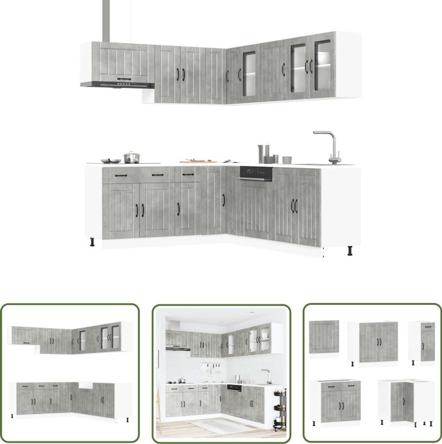 The Living Store 11-delige Keukenkastenset Lucca bewerkt hout betongrijs Keuken Kast Keukenkastenset Houten Keuken Betongrijs Keuken Opslagoplossing Keuken