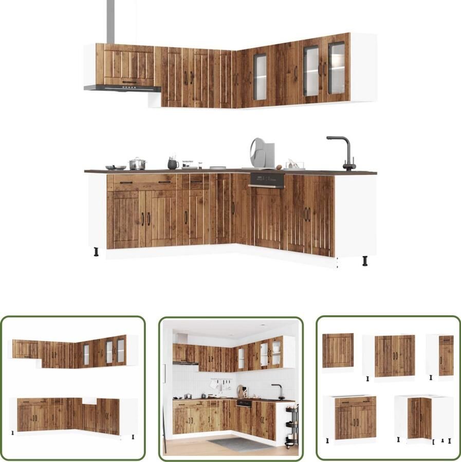 The Living Store 11-delige Keukenkastenset Lucca bewerkt hout oud houtkleurig Keukenkasten Houten Keukenkasten Keukenkast Set Lucca Serie Keukenmeubels