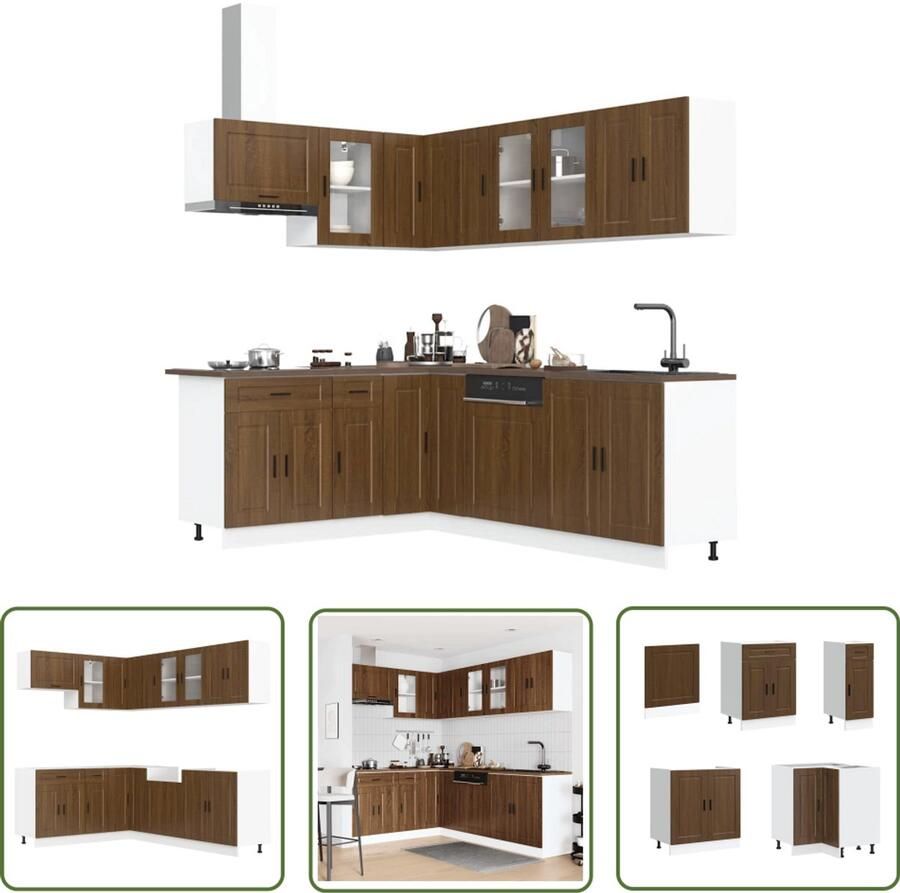 The Living Store 11-delige Keukenkastenset Porto bewerkt hout bruin eikenkleur Keuken Kast Set Houten Keuken Bruine Eiken Kleur Keukenkasten Porto Opslagruimte Keuken