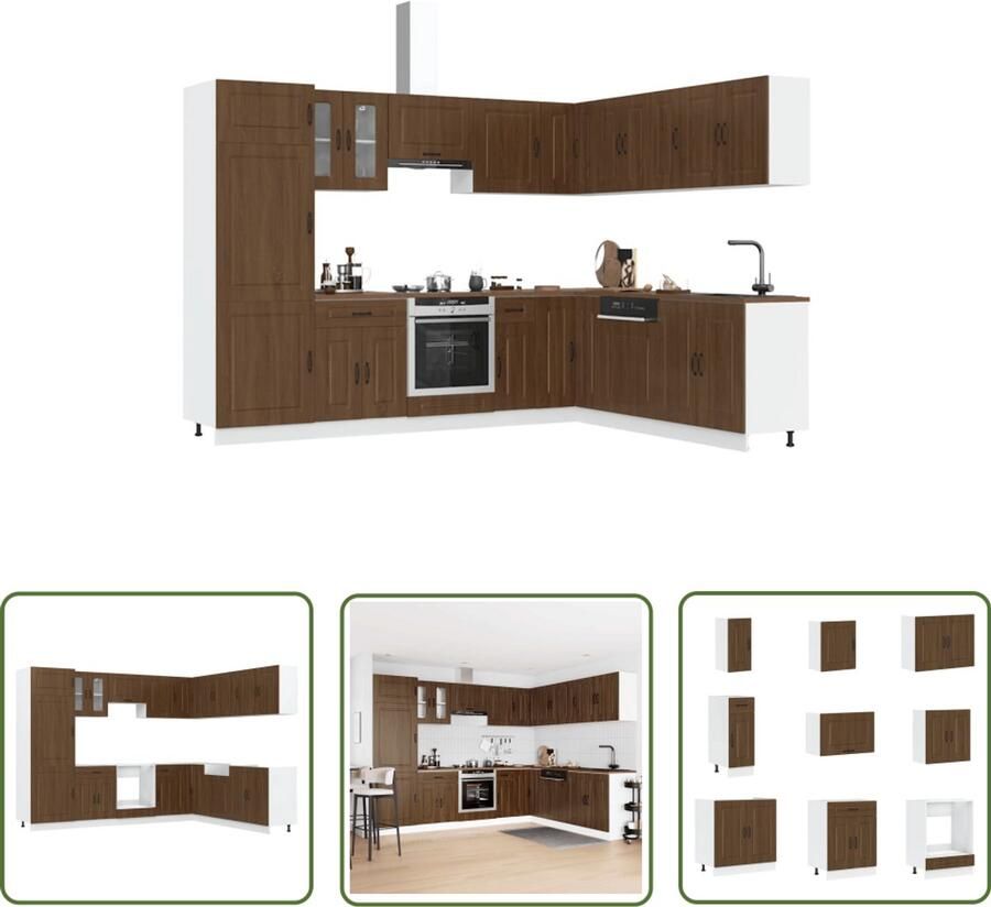 The Living Store 14-delige Keukenkastenset Kalmar bewerkt hout bruin eikenkleur Keukenkasten Houten Keukenkasten Bruine Eiken Meubels Keukenrenovatie Opslagoplossing
