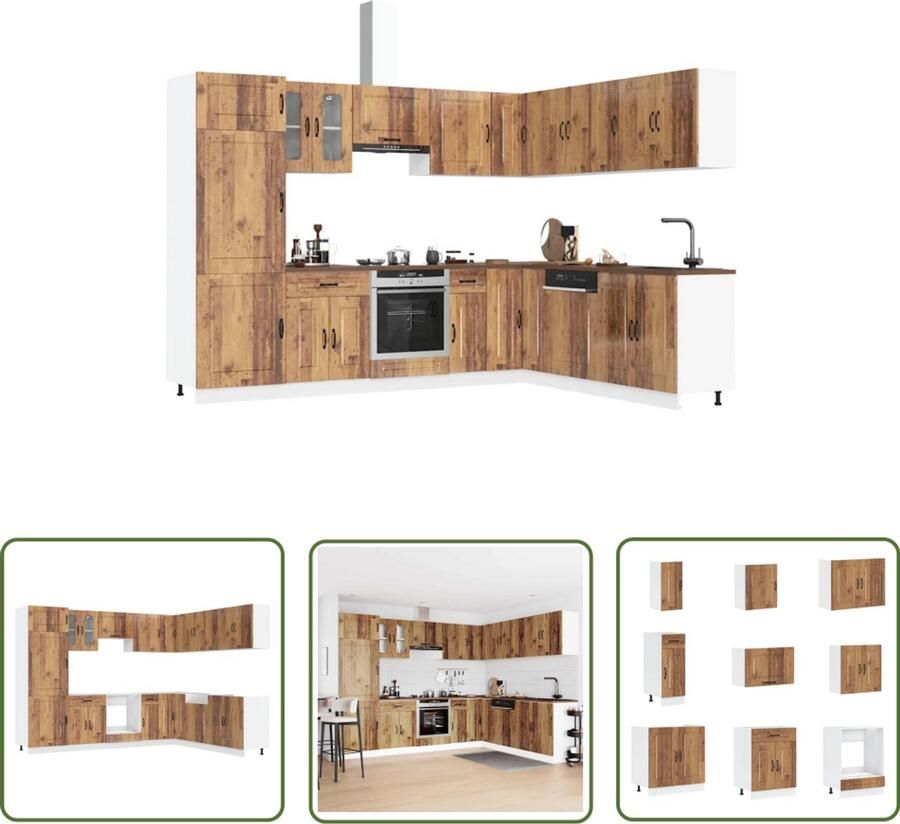 The Living Store 14-delige Keukenkastenset Kalmar bewerkt hout oud houtkleurig Keuken Kast Houten Keuken Kookeiland Opslagoplossing Keukenmeubels